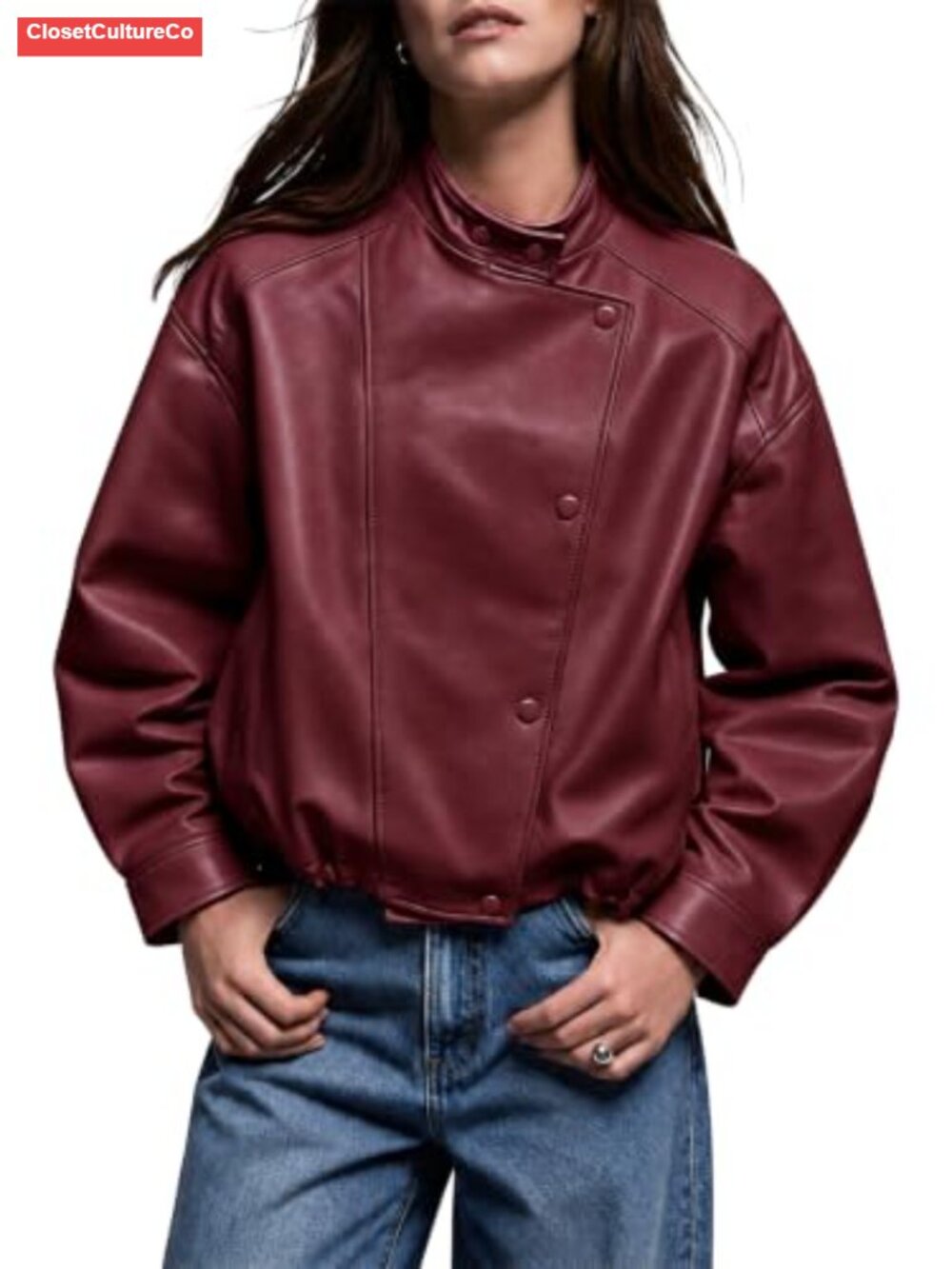 Oversized Faux Leather Cropped Moto Jacket Snap Button Women's Casual
